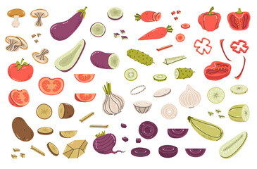 Carrot onion cucumber tomato pepper vector flat cut whole vegetable cute doodle style set. Vector design graphic illustration