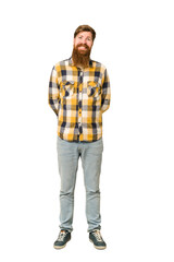 Naklejka premium Young adult redhead man with a long beard standing full body isolated happy, smiling and cheerful.