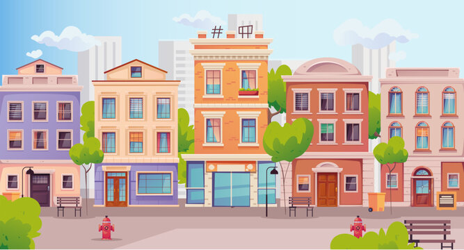 City street vector background background building cartoon house town europe cityscape concept. Vector design graphic illustration