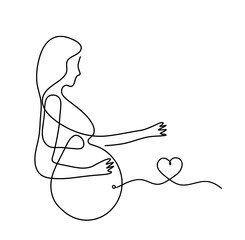 Mother silhouette body with heart as line drawing picture on white