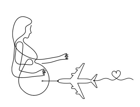 Mother silhouette body with plane as line drawing picture on white