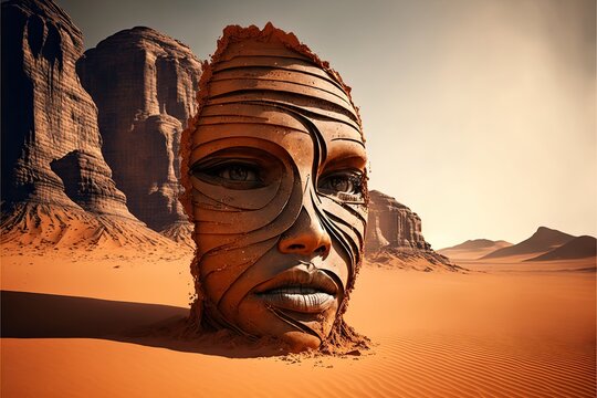 Face made of desert dynes, concept of Sand Art and Textured Mosaic, created with Generative AI technology