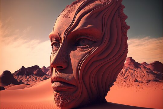 Face made of desert dynes, concept of Sand Art and Textured Mosaic, created with Generative AI technology