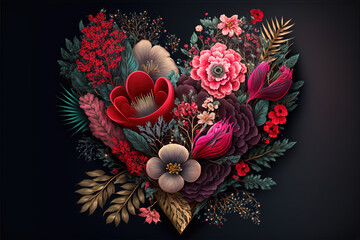 Fototapeta na wymiar a heart shaped floral design illustration, Valentine's day card concept