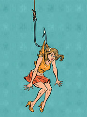 woman Lure trap people on a fishing hook. Dangerous love