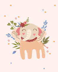 Obraz na płótnie Canvas Cute elephant with flowers on head, leaves and stars around. Boho illustration suitable for posters, cards, banners, posters. Vector illustration.