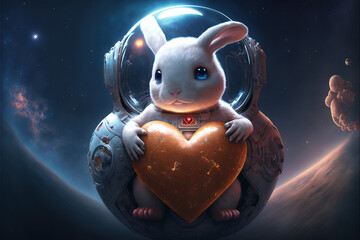 Obraz na płótnie Canvas Cute bunny rabbit in a space suite in space, holding a red heart, Valentine's day card concept