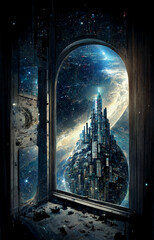 Skyscraper out from earth, to go to cosmos people open the windows V1