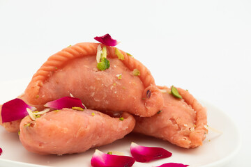 Rose Gujia Mithai Also Called Gulabi Gujiya, Pirukiya, Pirukia, Pedakiya, Karanji, Basundi Gughra Made Of Suji Ghee Chironji Mawa Khoya Chasni Mava Gulab Khoa For Deepawali, Teez, Holi Teej Festival