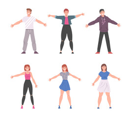Fototapeta na wymiar Cheerful Young Man and Woman Standing with Wide Open Arms as Welcome and Solidarity Gesture Vector Set