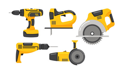 Power Tools Isolated on White Background Icons Set. Professional Electrical Instruments. Cartoon Vector Illustration