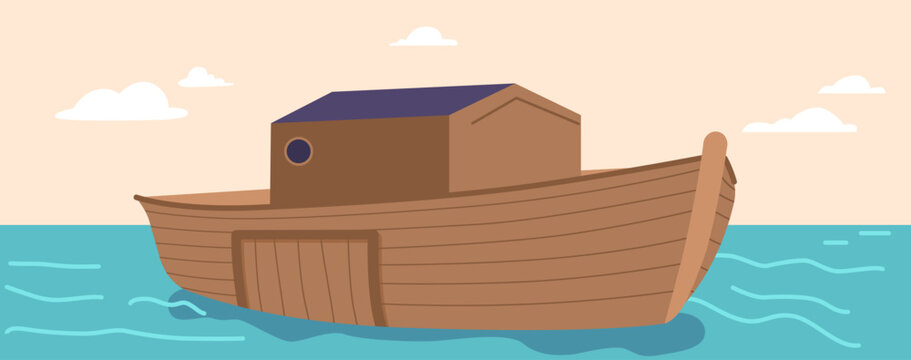 Noah Ark Surrounded by Water under Clear Sky. Great Ship for Salvation of Mankind. Cartoon Vector Illustration
