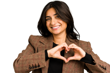 Young indian business woman doing a love gesture isolated