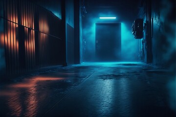 Fototapeta premium Dark street, asphalt abstract dark blue background, empty dark scene, neon light, spotlights The concrete floor and studio room with smoke float up the interior texture for display products
