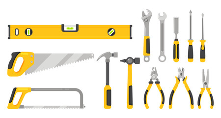 Manual Tools Isolated on White Background Icons Set. Repairman Instruments for Maintenance Cartoon Vector Illustration