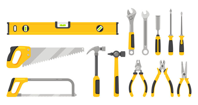 Manual Tools Isolated on White Background Icons Set. Repairman Instruments for Maintenance Cartoon Vector Illustration