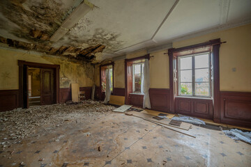  An old school in an abandoned manor house in central Poland, Europe in autumn