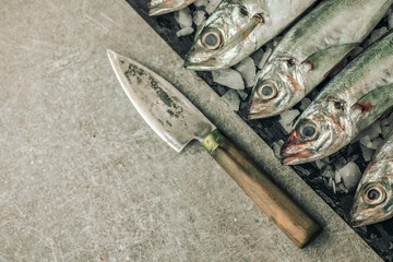 fish knife with raw fresh seabass white fish on top of cutting board