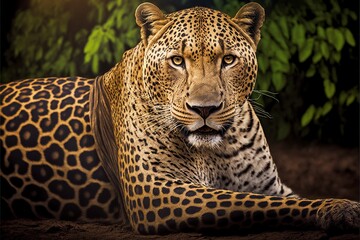 Naklejka na ściany i meble Leopard close-up resting looking in camera illustration generative ai