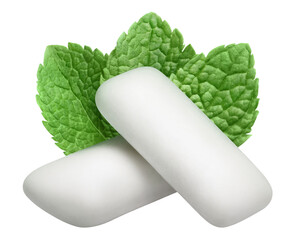 Two chewing gum pieces with fresh mint leaves, cut out © Yeti Studio