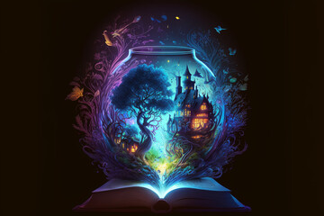 Magic fantasy house inside aquarium book rgb colourful glowing art