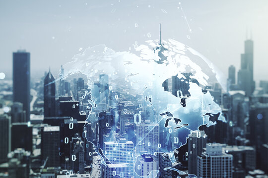 Double exposure of abstract creative programming illustration and world map on Chicago office buildings background, big data and blockchain concept