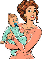 Joyful mother with a child in her arms. Mothers Day. Pop art retro style. Beautiful woman in motherhood