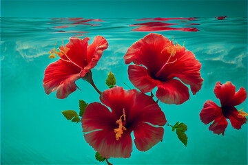 Exotic refreshing background with red hibiscus flower floating in turquoise water, generative AI