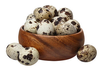 Delicious quail eggs in a wooden bowl cut out