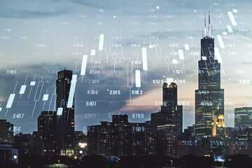 Fototapeta na wymiar Double exposure of abstract creative statistics data hologram on Chicago office buildings background, analytics and forecasting concept
