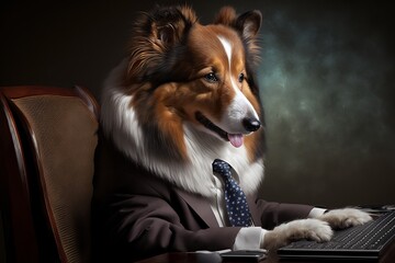 A border collie dog in a business suit sitting at a desk