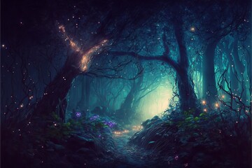 Gloomy fantasy forest scene at night with glowing fairy lights