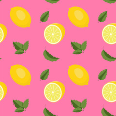 Summer seamless pattern with lemons and mints. Sweet tropical background for textile, fabric, decorative paper.