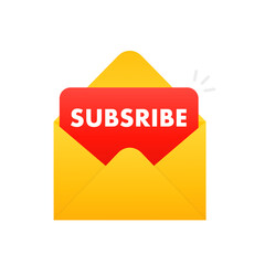 Red letter to subscribe to the newsletter, news, offers, promotions. Letter in an envelope. Email notification concept. Subscribe email newsletter, social media marketing banner. Vector illustration