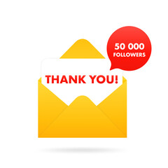 Red open envelope of 50000 followers or friends. Flat design for business, financial marketing, banking advertising, web cartoon concept. Blogger or email post concept. Vector illustration