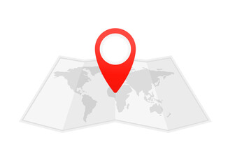 Map with a pin. Red direction indicator on a folded city map, gps navigation and location of movement. World travel map. Travel pin location on a global map. Vector illustration
