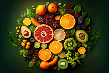 Fruit and vegetable background. Top view. generative ai.