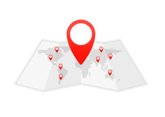 Map with a pin. Red direction indicator on a folded city map, gps navigation and location of movement. World travel map. Travel pin location on a global map. Vector illustration