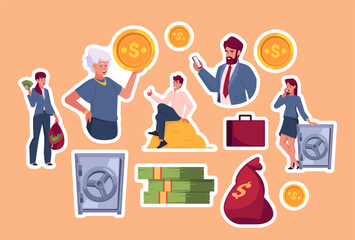Set of Stickers Wealthy Adult and Senior People. Golden Coins and Dollar Banknotes, Suitcase, Money Cash in Bag