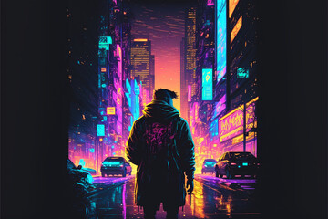 Cyberpunk city futuristic person vivid glowing color 