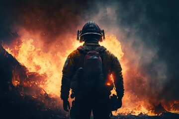 Obraz premium Firefighter standing in front of frightening explosion