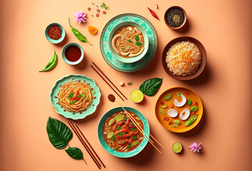 Asian food. Colorful background. top view. generative ai.