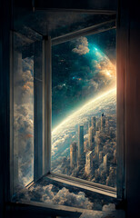 Skyscraper out from earth, to go to cosmos people open the windows V5