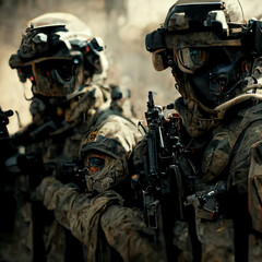 Fototapeta premium Concept art illustration of army soldiers on war, close up, ai generated V1