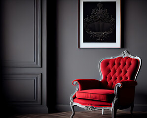 modern living room with red armchair gray lamp & dark walls, generative ai