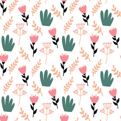 Botanical Cute Pattern. Hand Drawn Vector Background