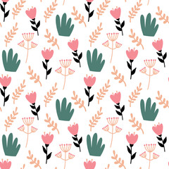 Fototapeta na wymiar Botanical Cute Pattern. Hand Drawn Vector Background