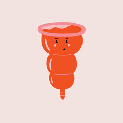 Cute red menstrual cup character. Feminine intimate hygiene cartoon products. Hand drawn vector mascot kawaii illustration