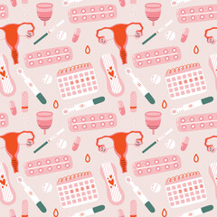 Pattern of menstrual period items. Feminine intimate hygiene cartoon products. Hand drawn vector mascot kawaii illustration