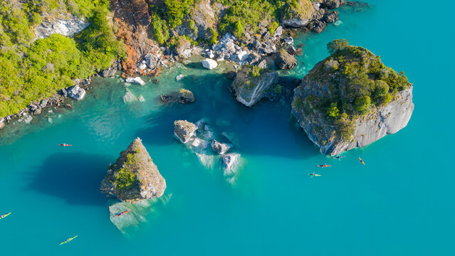 Aerial view of the picturesque Marble Caves near Puerto Rio Tranquilo - Lago General Carrera, Chile 